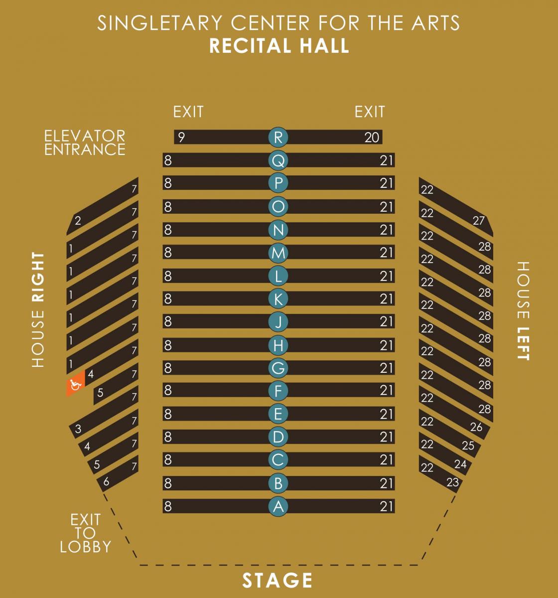 Singletary Center Recital Hall seating chart. Please contact the ticketing office for assistance.