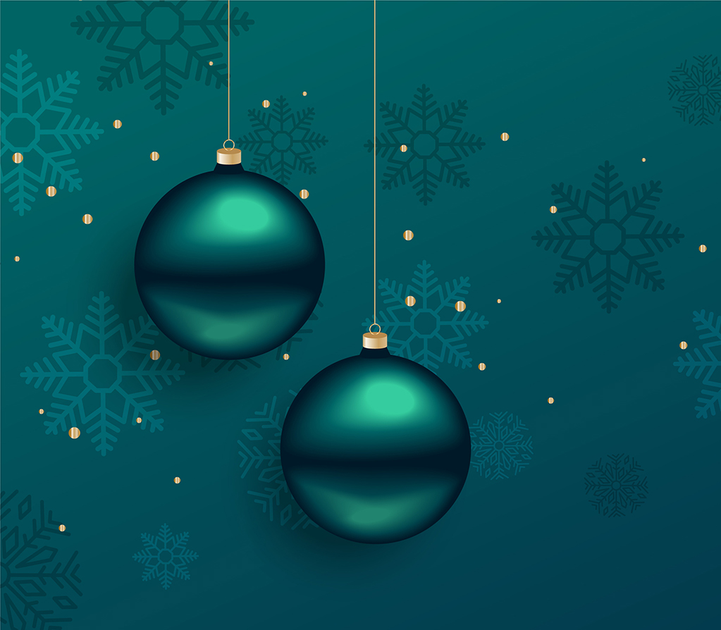 two ornaments on teal winter backdrop