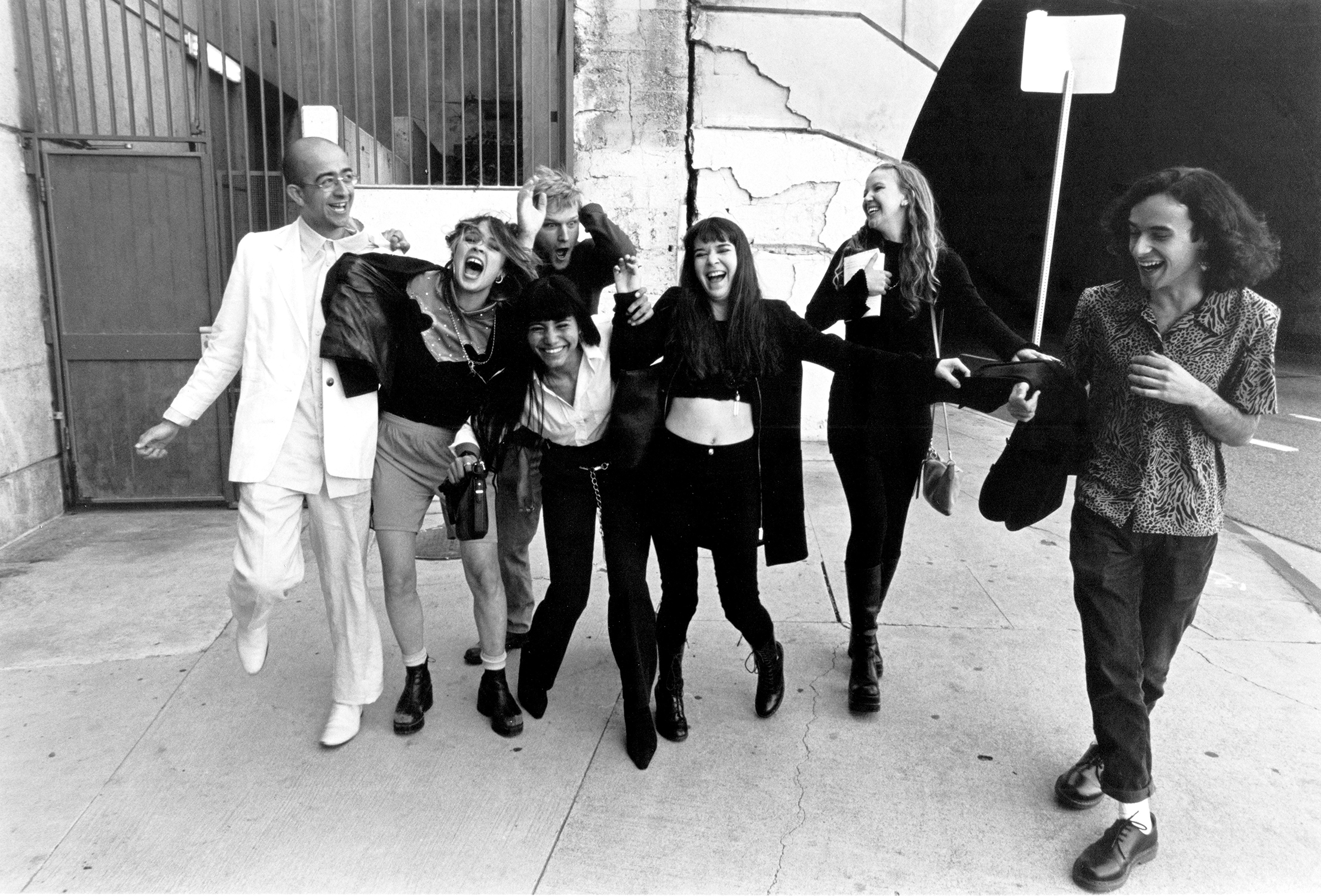 Harry Gamboa Jr., Clique Laughter #2, 2019. Performers: Aarum Alatorre, Lila-Zoe Krauss, Ruth Murillo, Frank Washington, Barbie Gamboa, Orly Perl, and Henry Quiron. Gelatin silver print, 11 x 14 inches. © Harry Gamboa Jr.