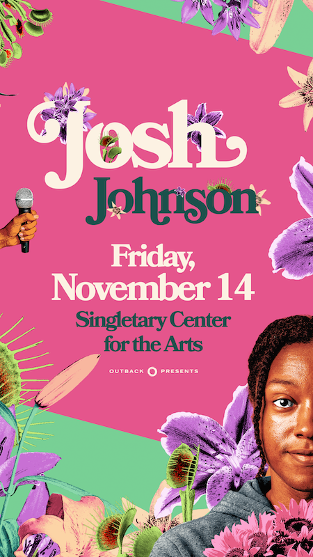 Josh Johnson title in center on pink background with person in bottom right corner