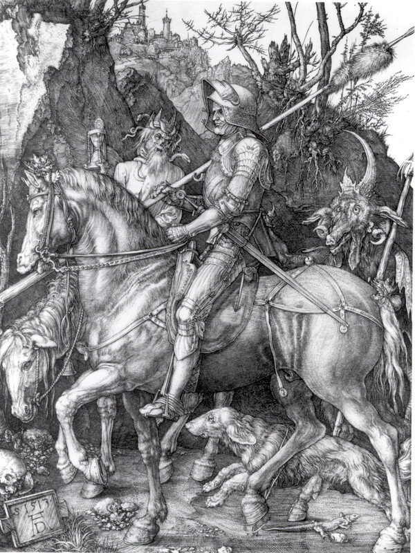 Albrecht Dürer, Knight, Death, and the Devil, 1513, copper plate engraving on paper. Collection of the UK Art Museum, purchase: Gaines Challenge Fund.