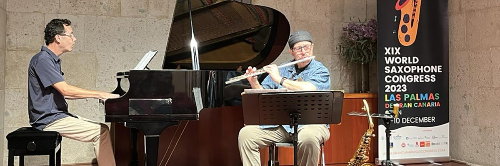 Image of Raleigh Dailey, associate professor, and Miles Osland, professor of saxophone and director of jazz studies, performed as the Osland/Dailey Duo for the world premiere of Dailey’s “Triptych.”