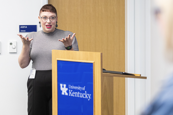 UK doctoral graduate Rebecca Ferrell speaks at the inaugural symposium of the Women’s Perspectives in Arts Administration (WPAA). Photo by Arden Barnes.