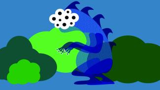 Callie Mills animation, a translucent blue dinosaur-like creature with many eyes sits in an abstract bushy outdoor landscape.