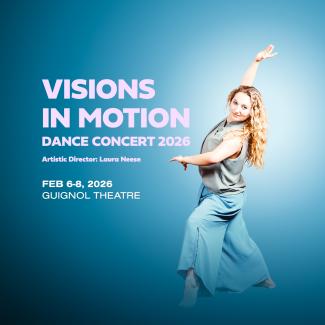 dancer in blue in lunge toward camera