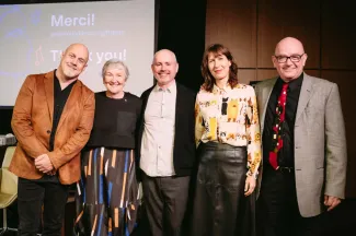 (From left:) Jordan Nobles; host Sylvia L'Écuyer; Jason van Eyk, managing director of the Azrieli Centre for Music, Arts and Culture; Ana Sokolović, Chair of the Advisory Council for the Azrieli Music Prizes; and Juan Trigos.