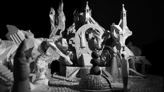 Detail view of Jay Bolotin, still image of the Carnival set. Black and white photograph of geometric, modernistic town square.