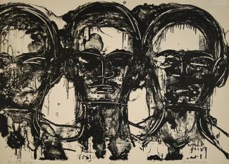 three heads in black and white sketch