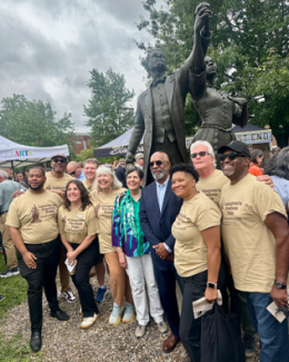 The Lexington Freedom Train committee stands in front of the "Towards Freedom" monument. The statue was unveiled at a community event on Juneteenth — June 19, 2025. Photo by Jenny Wells-Hosley.
