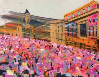 oil painting of people marching in pink hats downtown
