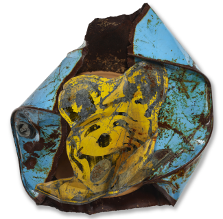 Robert Rauschenberg, Baby Bear Glut, 1987, found painted metal, riveted and clear-laquered. Collection of the UK Art Museum, gift of Linda and George Kurz. 