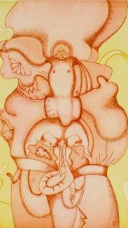 abstract etching in orange on yellow background