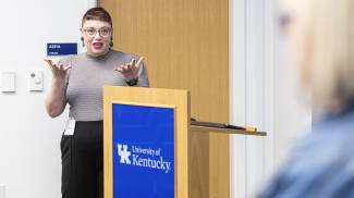 UK doctoral graduate Rebecca Ferrell speaks at the inaugural symposium of the Women’s Perspectives in Arts Administration (WPAA). Photo by Arden Barnes.