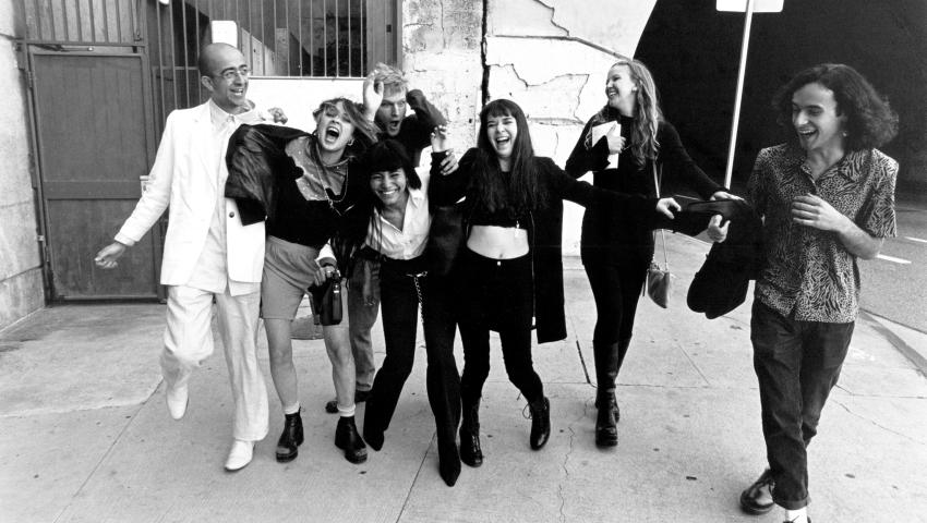 Harry Gamboa Jr., Clique Laughter #2, 2019. Performers: Aarum Alatorre, Lila-Zoe Krauss, Ruth Murillo, Frank Washington, Barbie Gamboa, Orly Perl, and Henry Quiron. Gelatin silver print, 11 x 14 inches. © Harry Gamboa Jr.