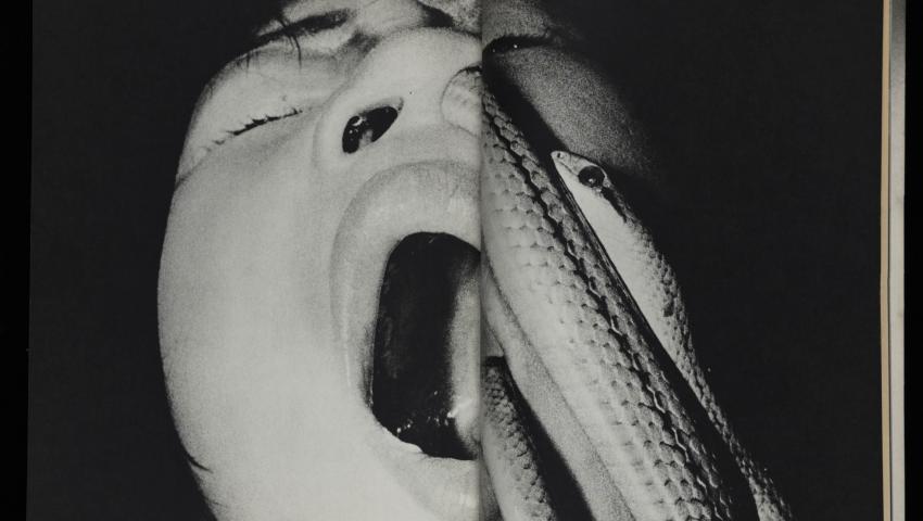 Masatoshi Naito, [a street performer swallowing a snake], in Ken, no. 2 (pp. 22-23), October 1970, magazine, 9 x 7 ½ x 1/2 inches (23 x 18.9 x 1.3 cm). Courtesy of The Museum of Fine Arts, Houston, The Manfred Heiting Book Collection. Photo: Paul Hester, Hester + Hardaway Photographers. 