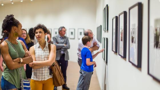 Museum visitors in gallery. A pair in the foreground discuss the piece in front of them, and several families with children in the background examine other works.