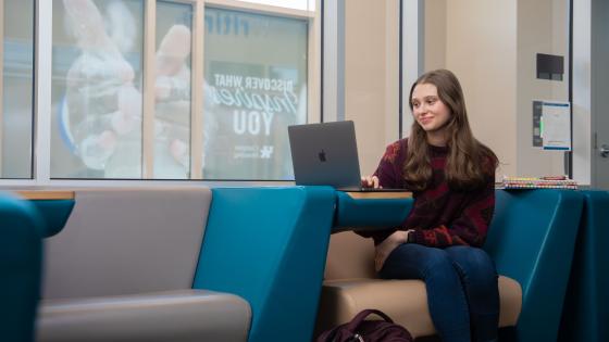 student working on laptop with window behind her