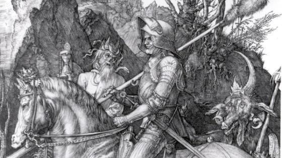 Albrecht Dürer, Knight, Death, and the Devil, 1513, copper plate engraving on paper. Collection of the UK Art Museum, purchase: Gaines Challenge Fund. 