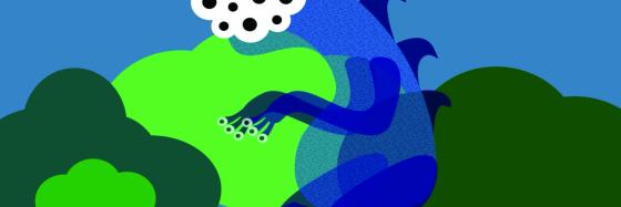 Callie Mills animation, a translucent blue dinosaur-like creature with many eyes sits in an abstract bushy outdoor landscape.