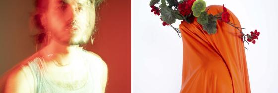 person looking at camera, person wearing orange fabric