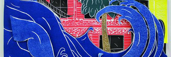 Printmedia work with ocean wave in front of palm tree