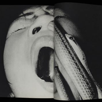 Masatoshi Naito, [a street performer swallowing a snake], in Ken, no. 2 (pp. 22-23), October 1970, magazine, 9 x 7 ½ x 1/2 inches (23 x 18.9 x 1.3 cm). Courtesy of The Museum of Fine Arts, Houston, The Manfred Heiting Book Collection. Photo: Paul Hester, Hester + Hardaway Photographers. 