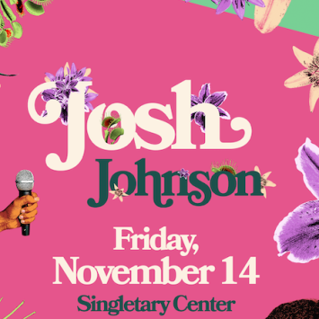 Josh Johnson title in center on pink background with person in bottom right corner