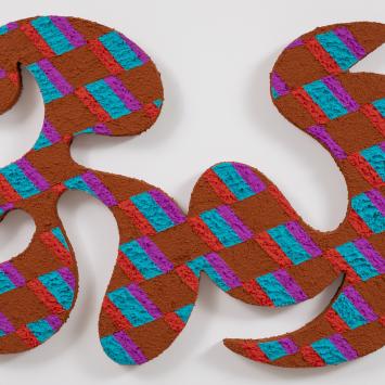 Carlos Rosales-Silva, Woven Mask, 2025. Crushed stone and glass bead in acrylic paint on custom panel, 25.5 x 18 in. Courtesy of the artist and Sargent's Daughters. Photo: Nicholas Knight. 