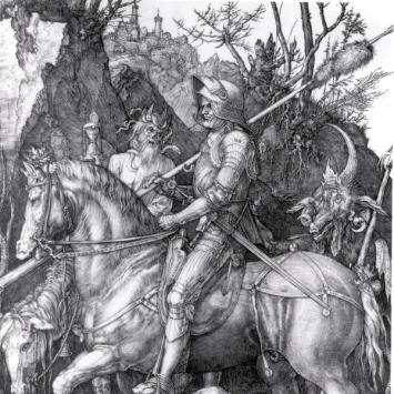 Albrecht Dürer, Knight, Death, and the Devil, 1513, copper plate engraving on paper. Collection of the UK Art Museum, purchase: Gaines Challenge Fund. 